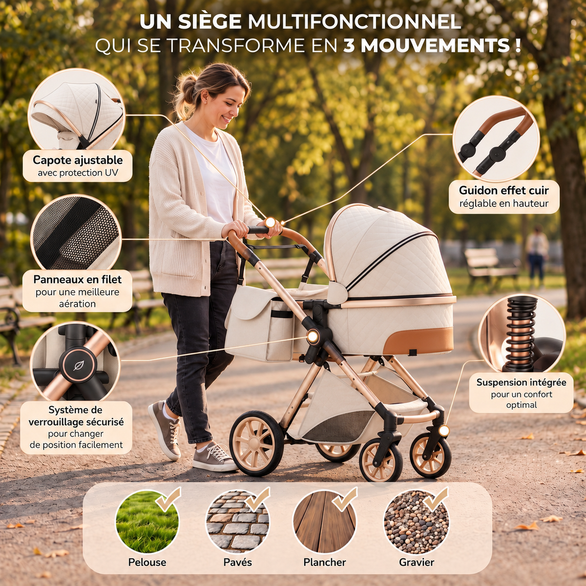 Maman poussant la poussette 3 en 1 Essentielle Ivoire avec nacelle dans un parc, zooms sur capote, guidon et suspension