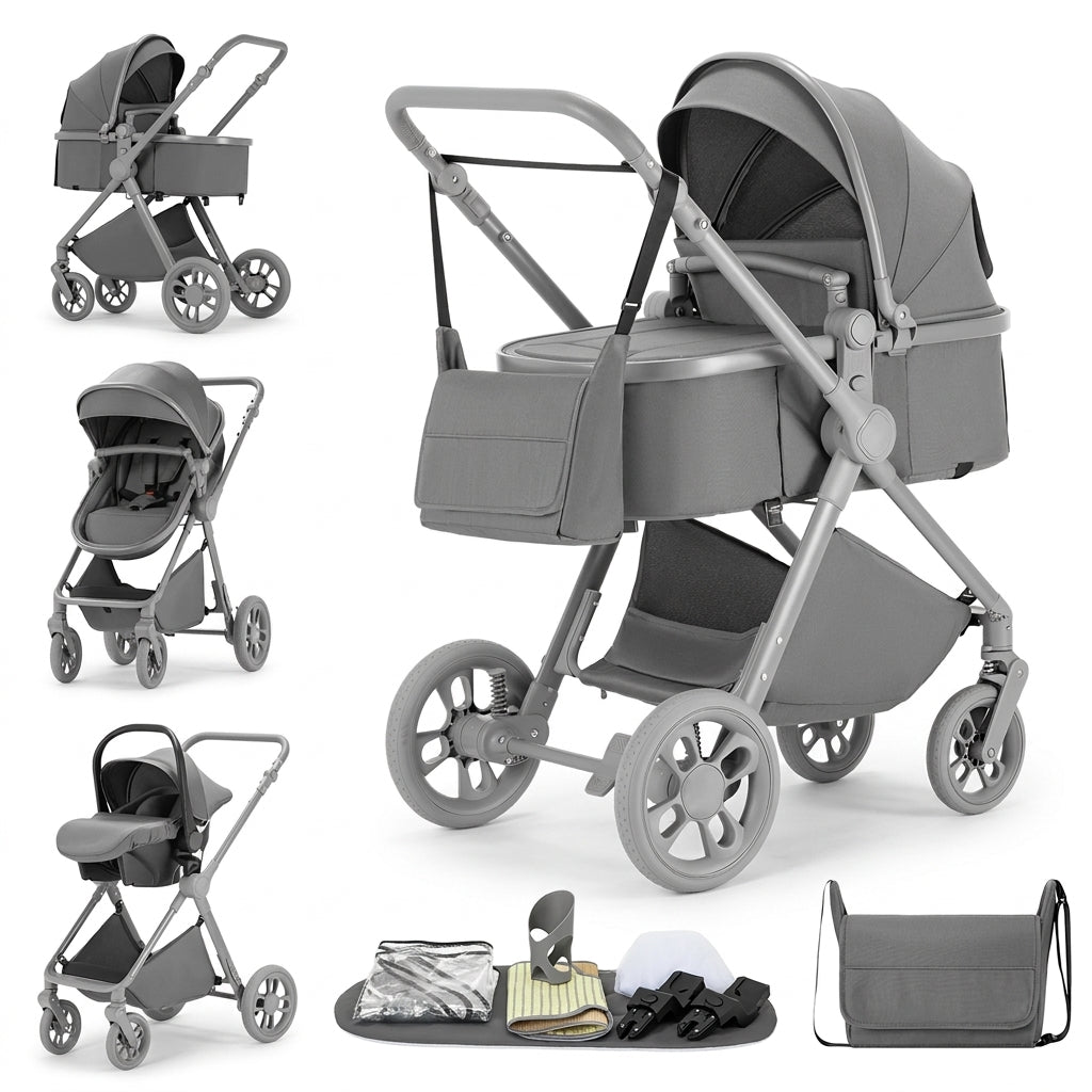 Poussette 3 en 1 Signature grise : nacelle, assise et cosy sur châssis gris, sac à langer et accessoires, fond blanc