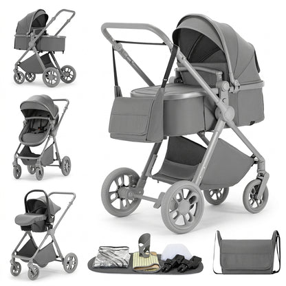 Poussette 3 en 1 Signature grise : nacelle, assise et cosy sur châssis gris, sac à langer et accessoires, fond blanc
