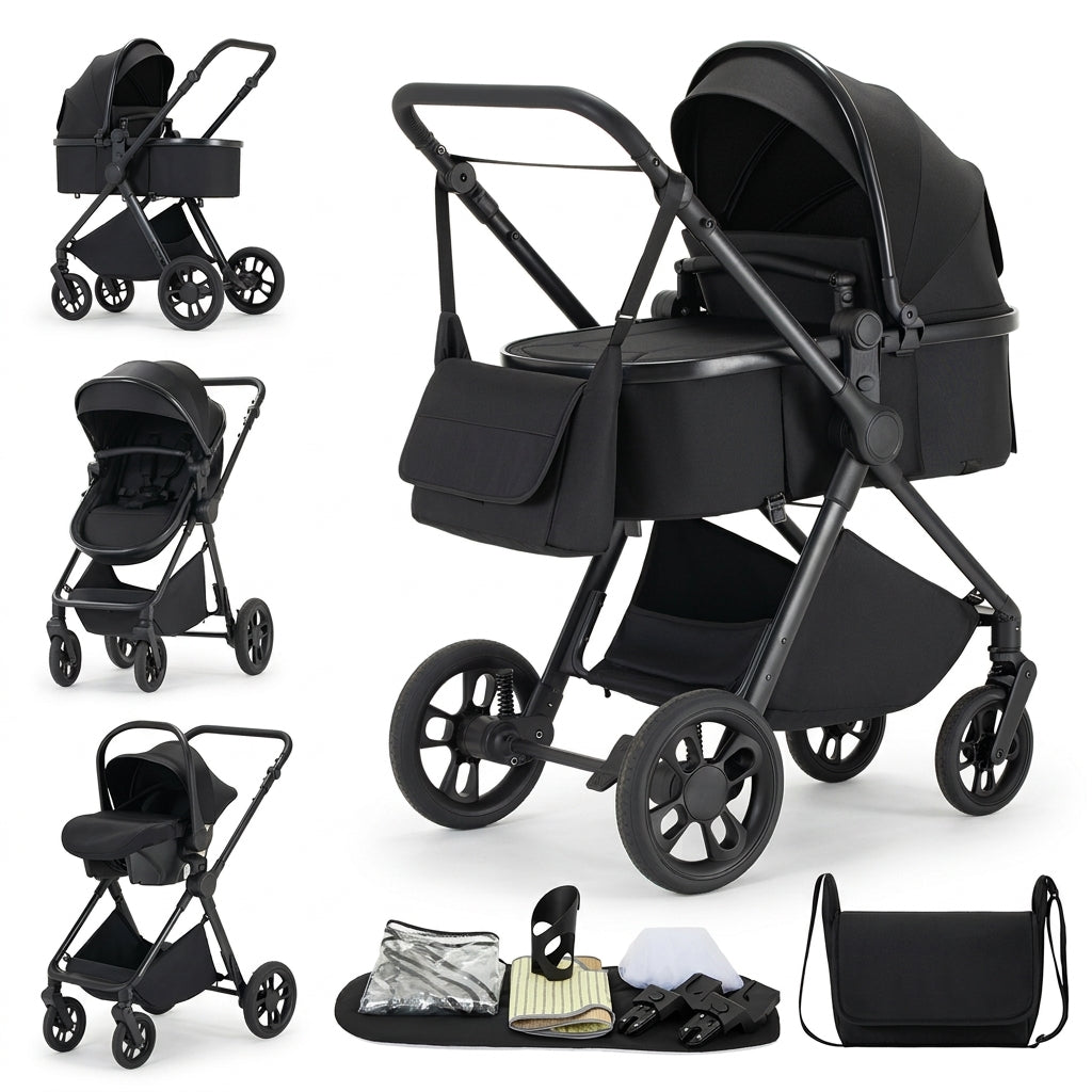 Poussette 3 en 1 Signature noire : nacelle, assise et cosy sur châssis noir, sac à langer et accessoires, fond blanc