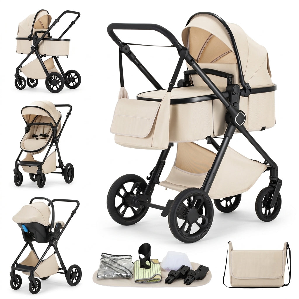 Poussette 3 en 1 Signature crème : nacelle, assise et cosy sur châssis noir, sac à langer et accessoires, fond blanc