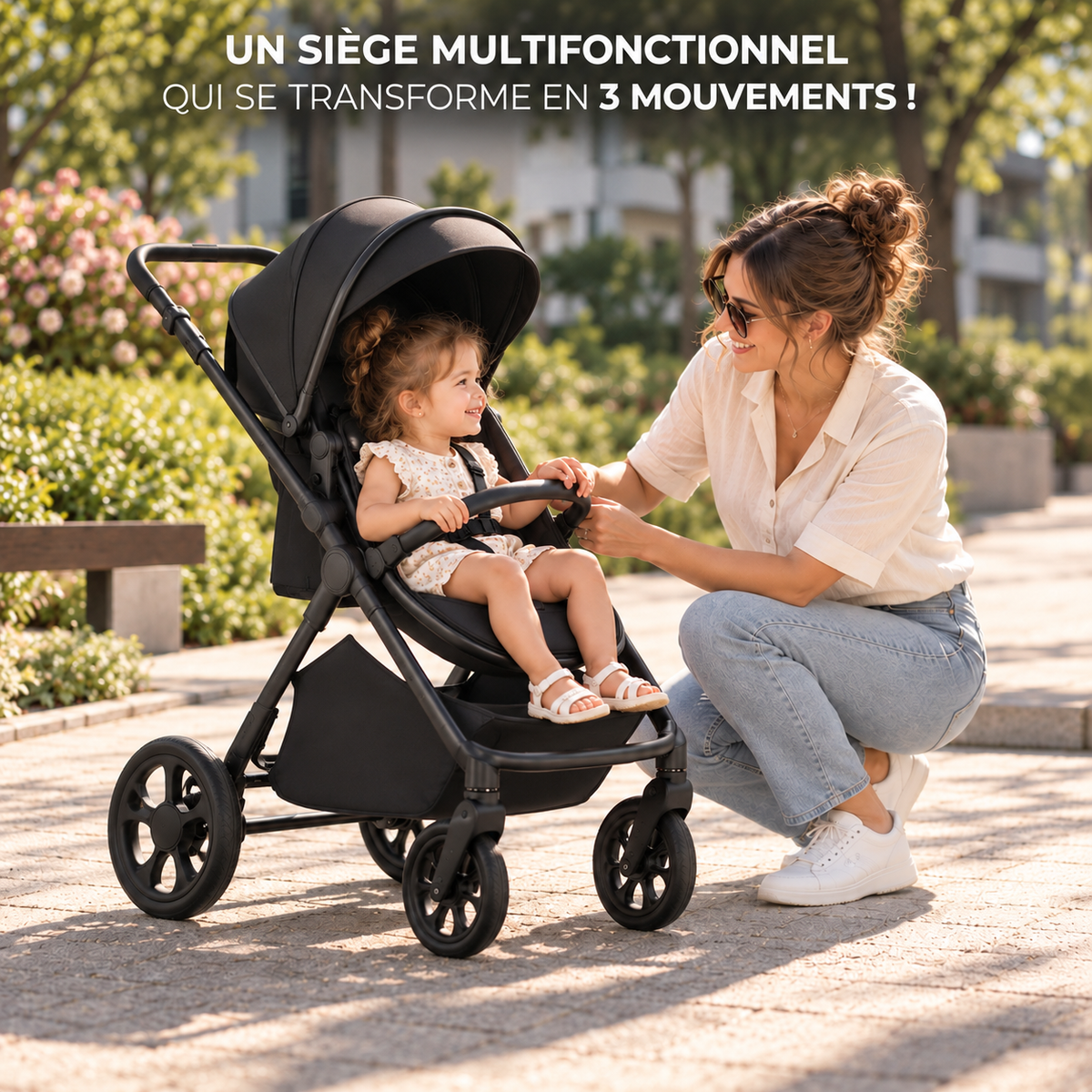 Poussette 3 en 1 Signature noire en mode assise, enfant assis face à sa maman accroupie dans un parc