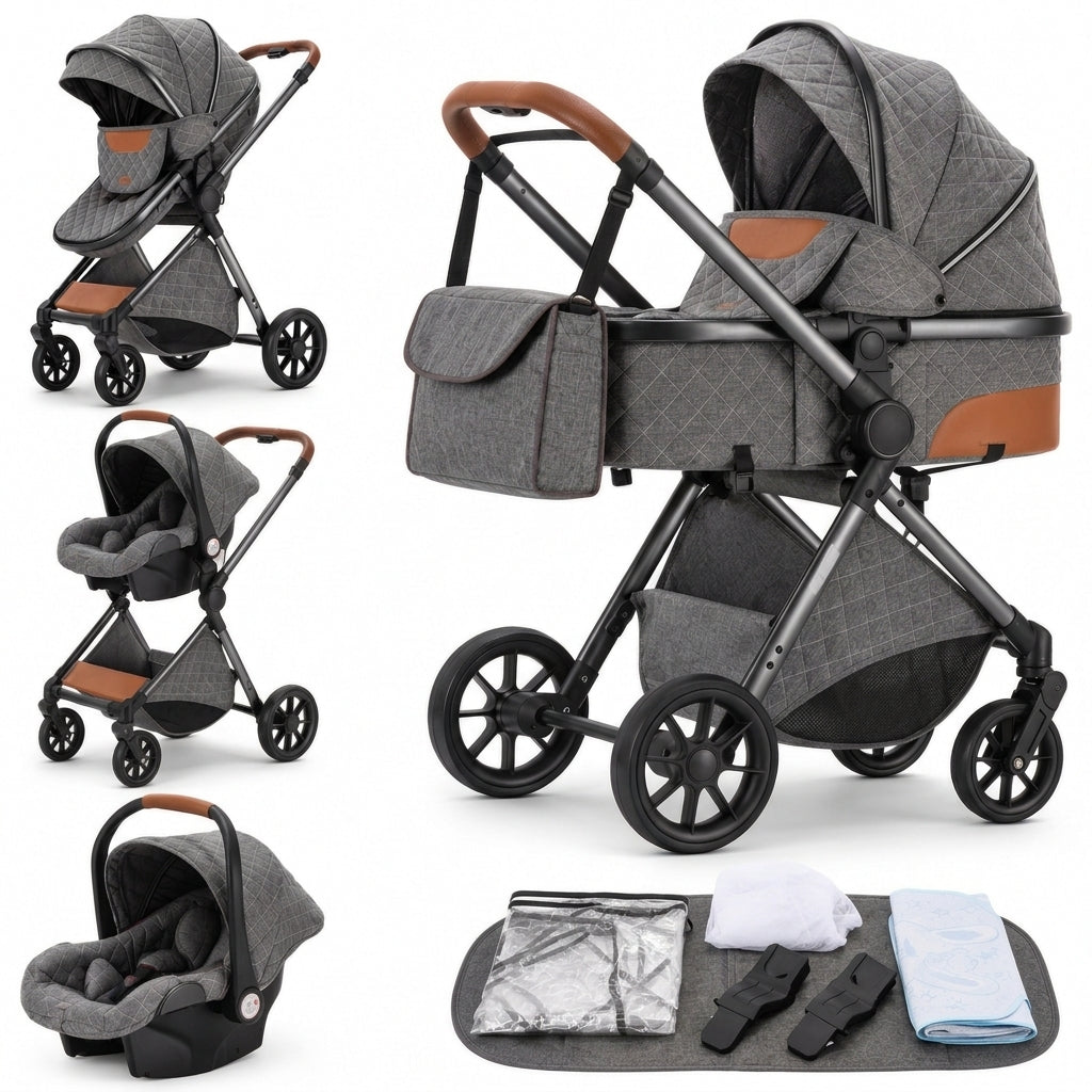 Poussette 3 en 1 Épure Onyx gris foncé matelassée : nacelle, assise et cosy sur châssis noir, accessoires, fond blanc
