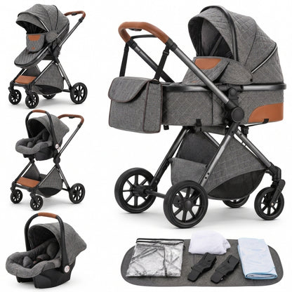 Poussette 3 en 1 Épure Onyx gris foncé matelassée : nacelle, assise et cosy sur châssis noir, accessoires, fond blanc