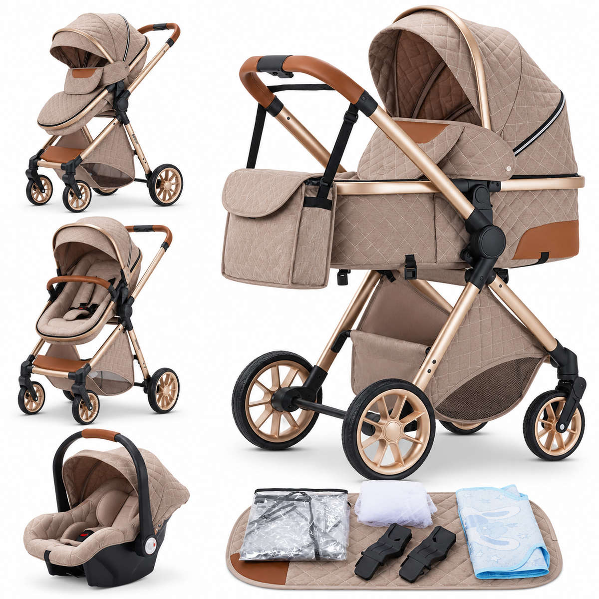 Poussette 3 en 1 Épure présentée en beige taupe : nacelle, assise et cosy sur châssis doré, accessoires, fond blanc