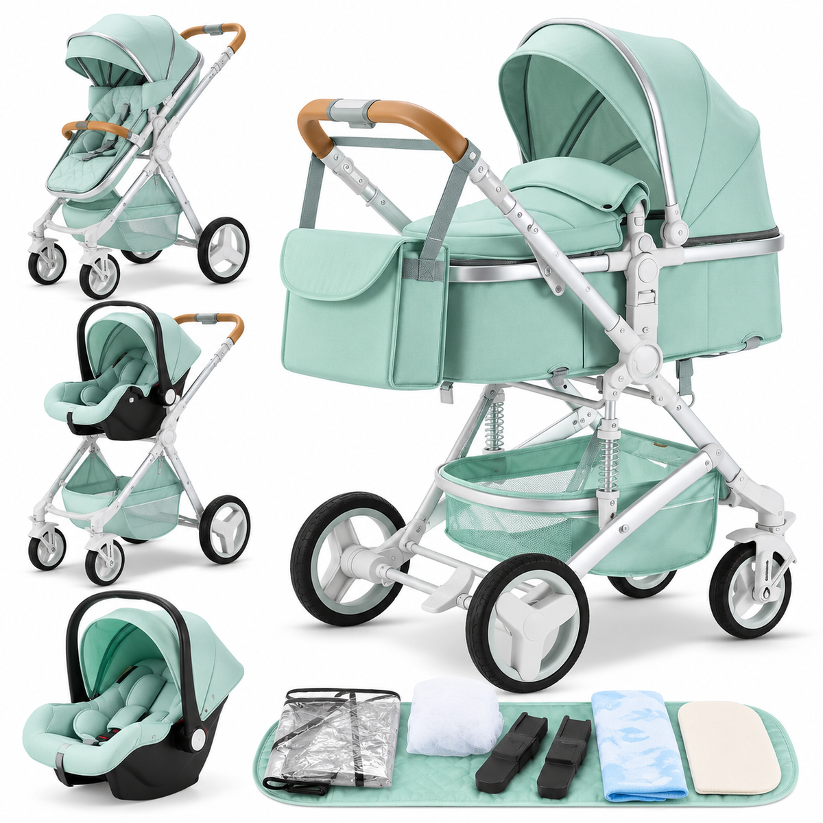 Poussette 3 en 1 Essentielle Amande vert d'eau : nacelle, assise et cosy sur châssis blanc, accessoires, fond blanc