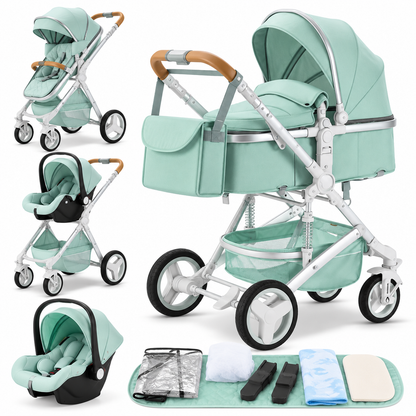 Poussette 3 en 1 Essentielle Amande vert d'eau : nacelle, assise et cosy sur châssis blanc, accessoires, fond blanc