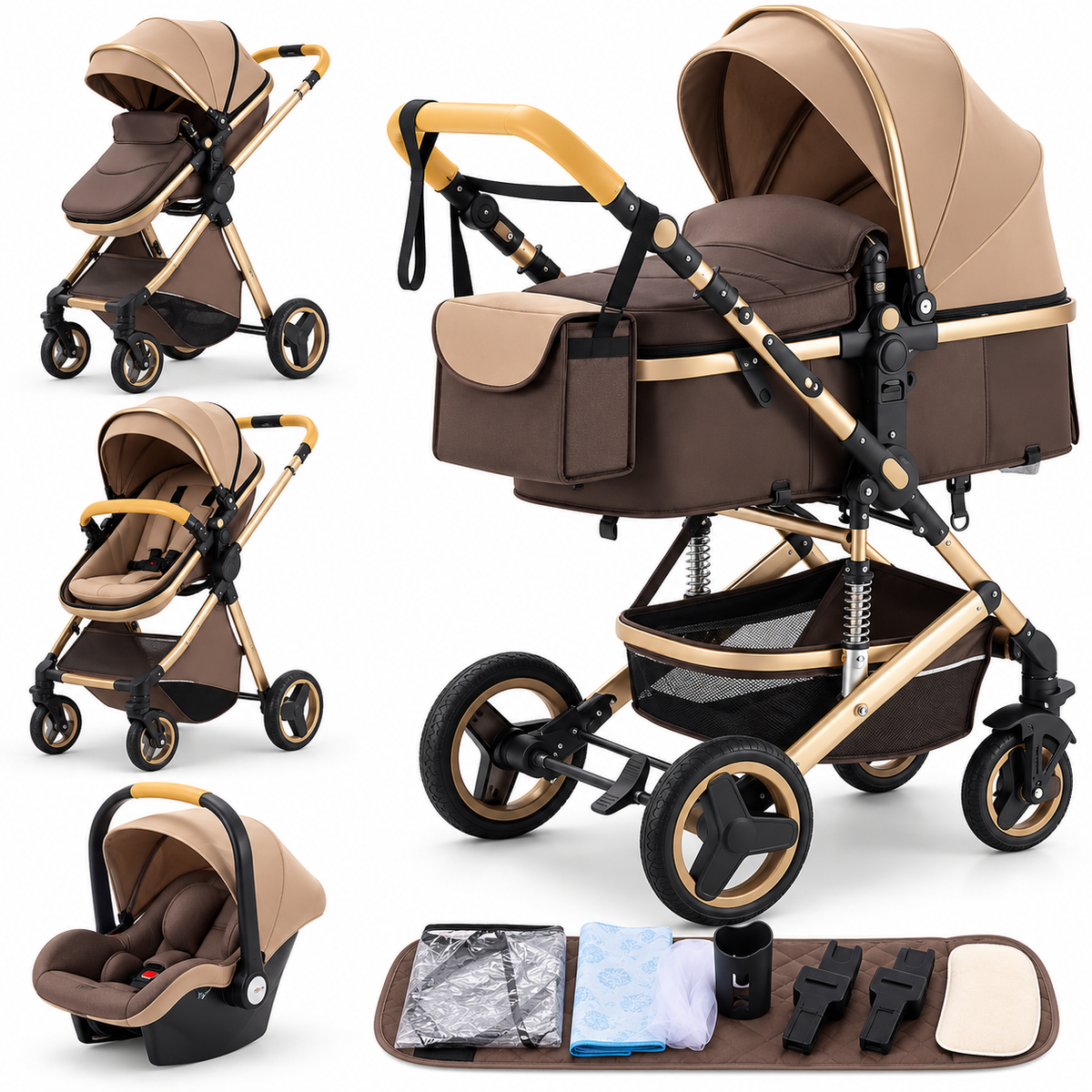 Poussette 3 en 1 Essentielle Anthracite coloris Kaki, camel et chocolat : nacelle, assise et cosy sur châssis doré