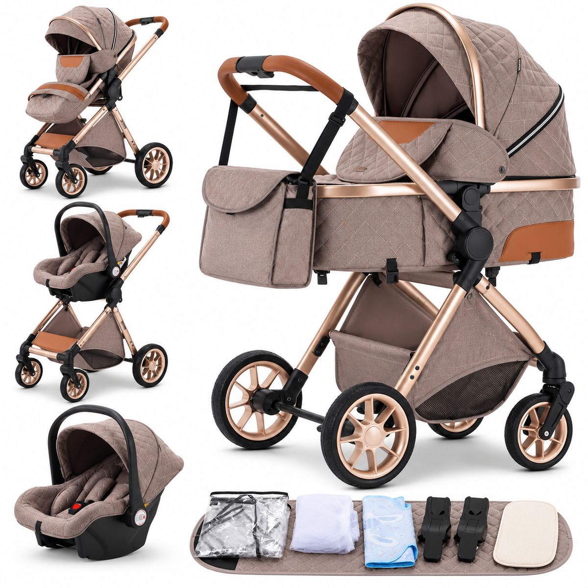 Poussette 3 en 1 Essentielle Ivoire en coloris kaki taupe : nacelle, assise et cosy sur châssis doré, fond blanc