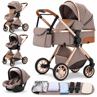 Poussette 3 en 1 Essentielle Ivoire en coloris kaki taupe : nacelle, assise et cosy sur châssis doré, fond blanc