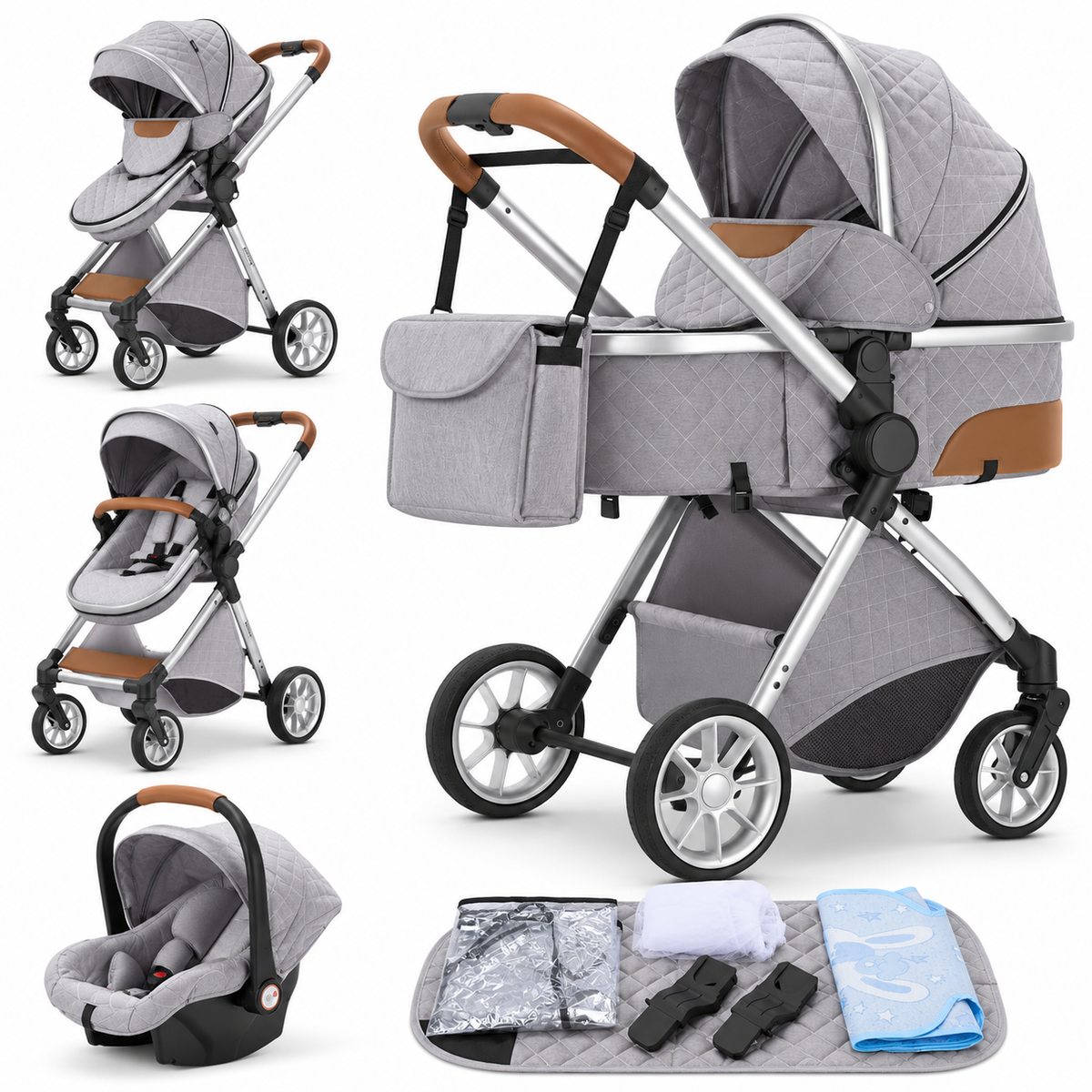 Poussette 3 en 1 Épure Brume gris clair matelassée : nacelle, assise et cosy sur châssis chromé, accessoires, fond blanc