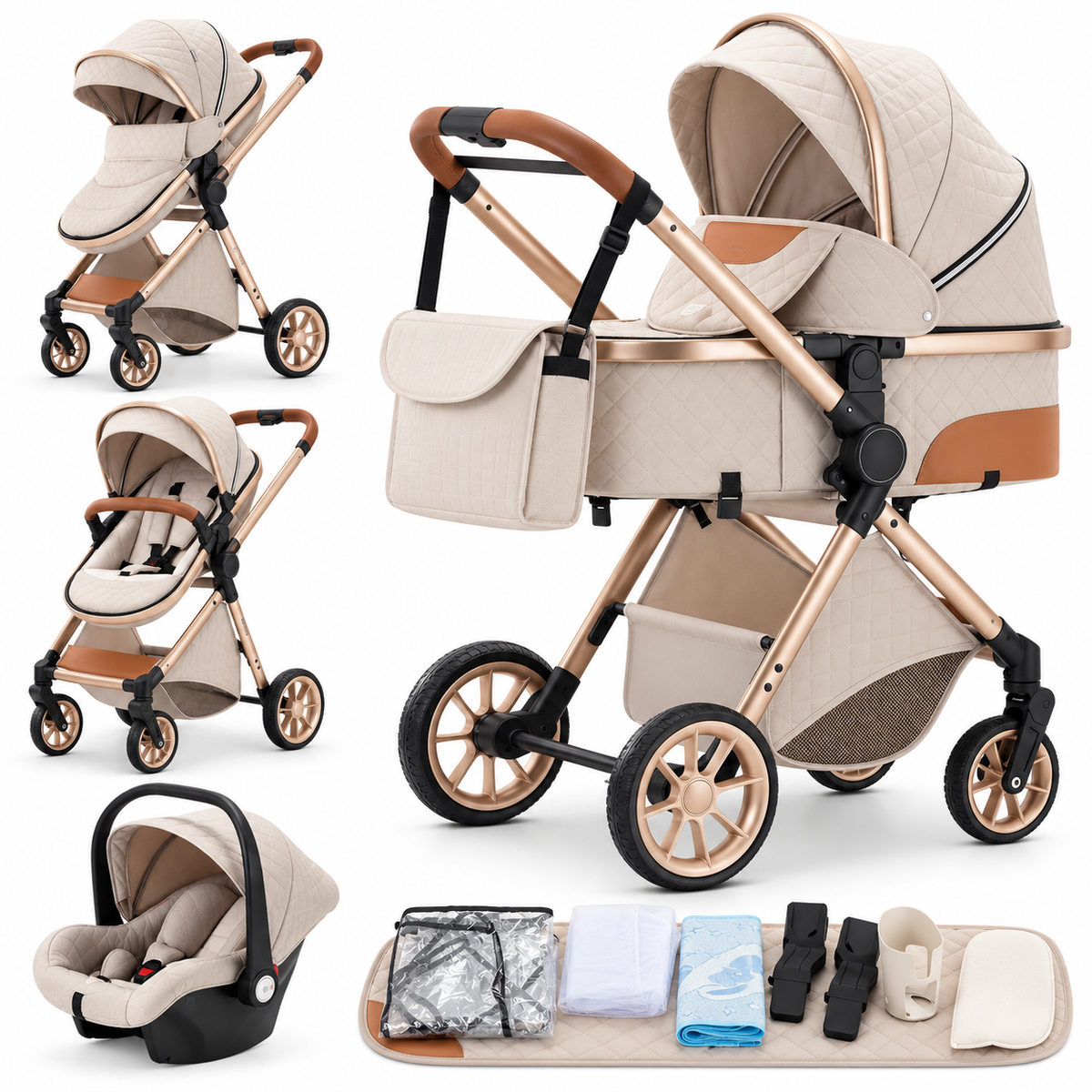 Poussette 3 en 1 Épure crème matelassée : nacelle, assise et cosy sur châssis doré, sac à langer et accessoires, fond blanc