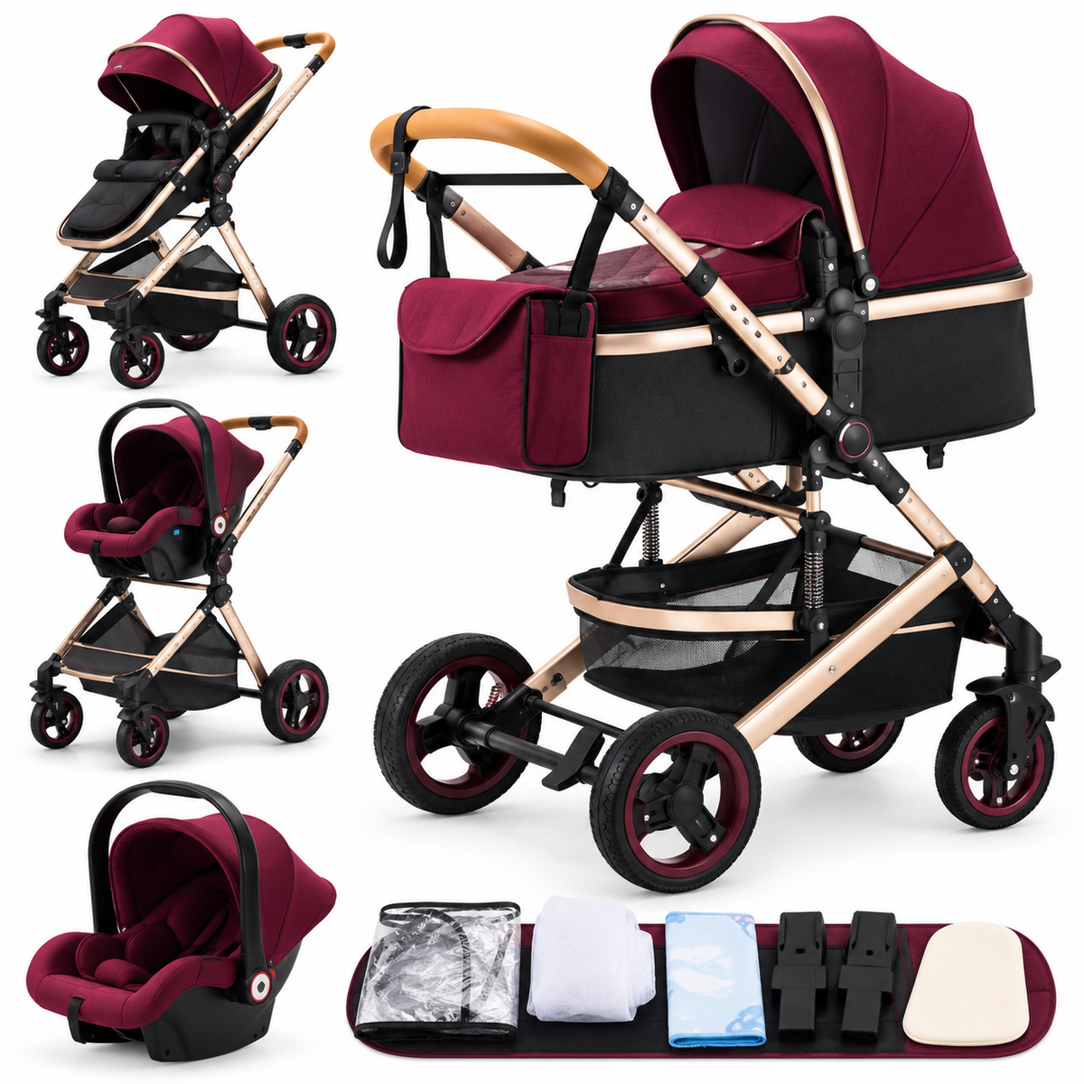 Poussette 3 en 1 Essentielle Corail rouge bordeaux : nacelle, assise et cosy sur châssis doré, accessoires, fond blanc