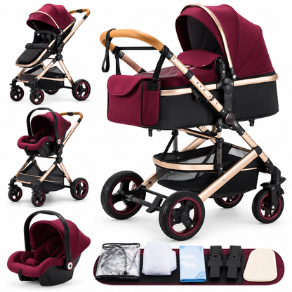 Poussette 3 en 1 Essentielle Corail rouge bordeaux : nacelle, assise et cosy sur châssis doré, accessoires, fond blanc
