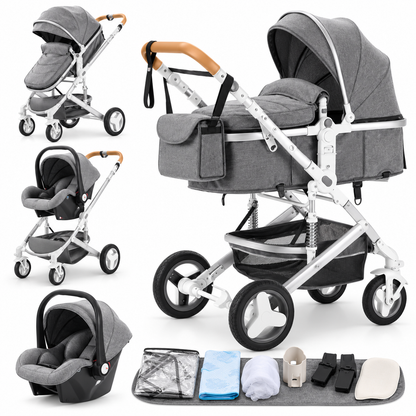 Poussette 3 en 1 Essentielle Anthracite grise : nacelle, assise et cosy sur châssis blanc, accessoires, fond blanc