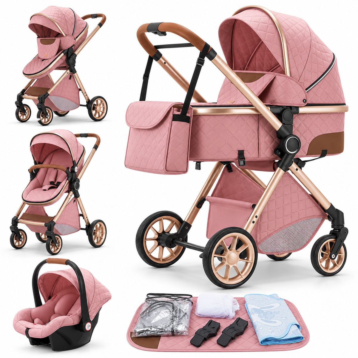 Poussette 3 en 1 Épure Brume rose matelassée : nacelle, assise et cosy sur châssis doré, accessoires, fond blanc