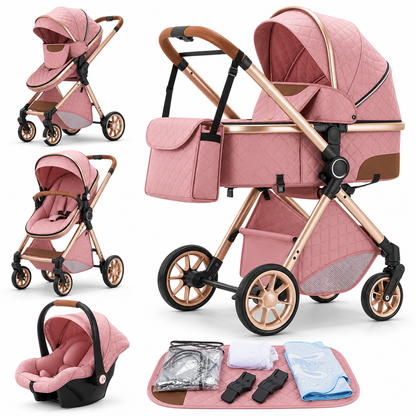 Poussette 3 en 1 Épure Brume rose matelassée : nacelle, assise et cosy sur châssis doré, accessoires, fond blanc