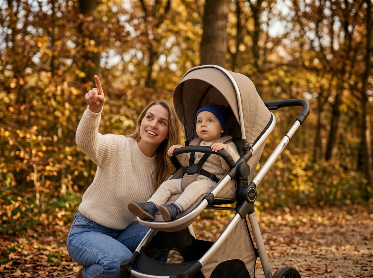 Mère et enfant en bas âge dans la poussette en mode siège, dans une forêt en automne, autre angle