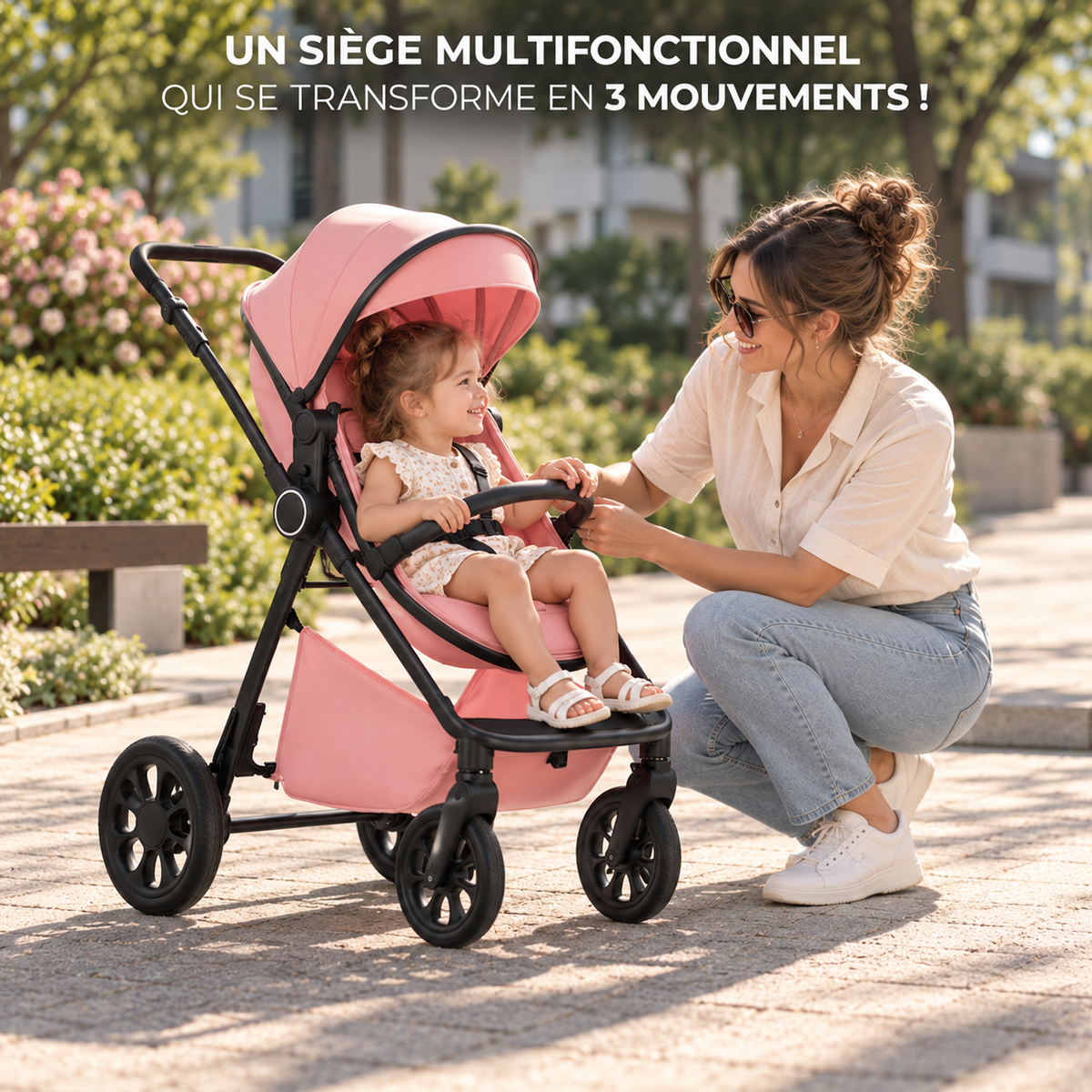 Poussette 3 en 1 Signature Louise rose en mode assise, enfant assis face à sa maman accroupie dans un parc