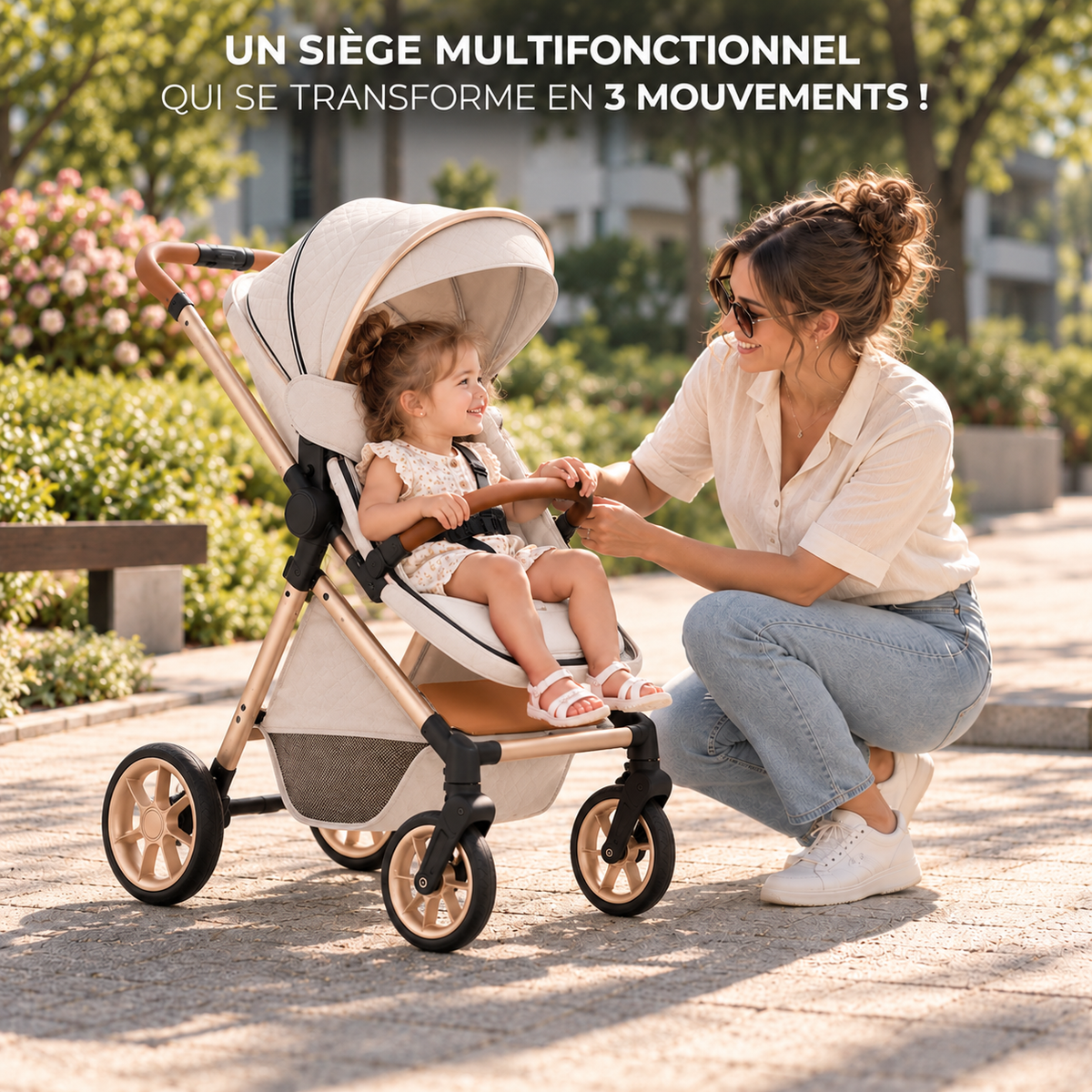 Poussette 3 en 1 Essentielle Ivoire en mode assise, enfant assis face à sa maman accroupie dans un parc