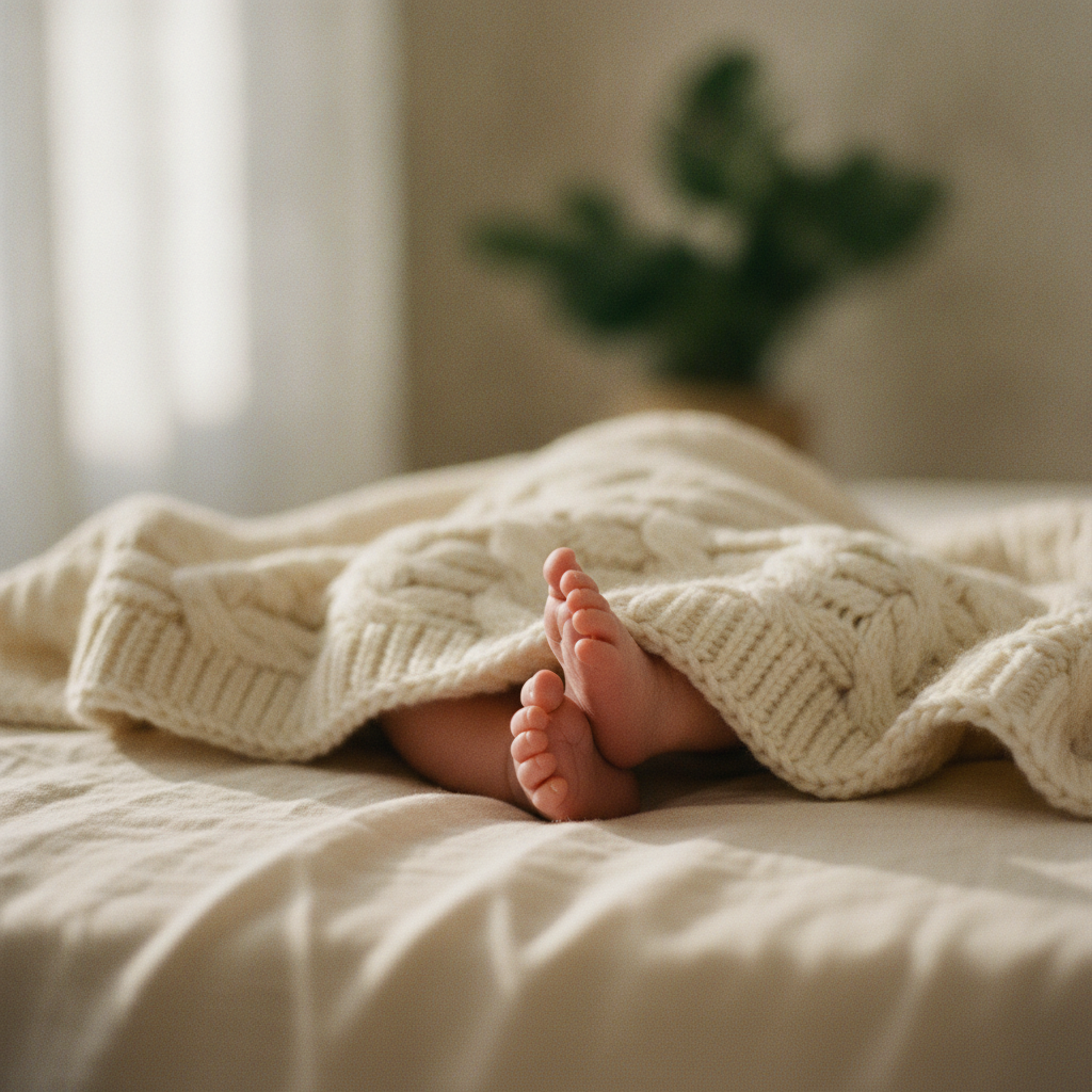 Pieds de nouveau-né sous une couverture en tricot crème