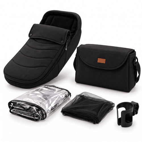 Pack accessoires noir offert : chancelière, sac à langer, habillage pluie, moustiquaire et porte-gobelet sur fond blanc