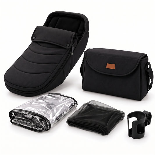Pack accessoires noir offert : chancelière, sac à langer, habillage pluie, moustiquaire et porte-gobelet sur fond blanc