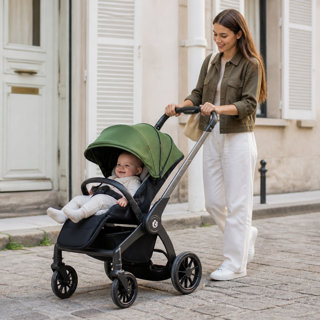 Femme poussant une poussette à capote vert olive avec bébé, dans une rue résidentielle