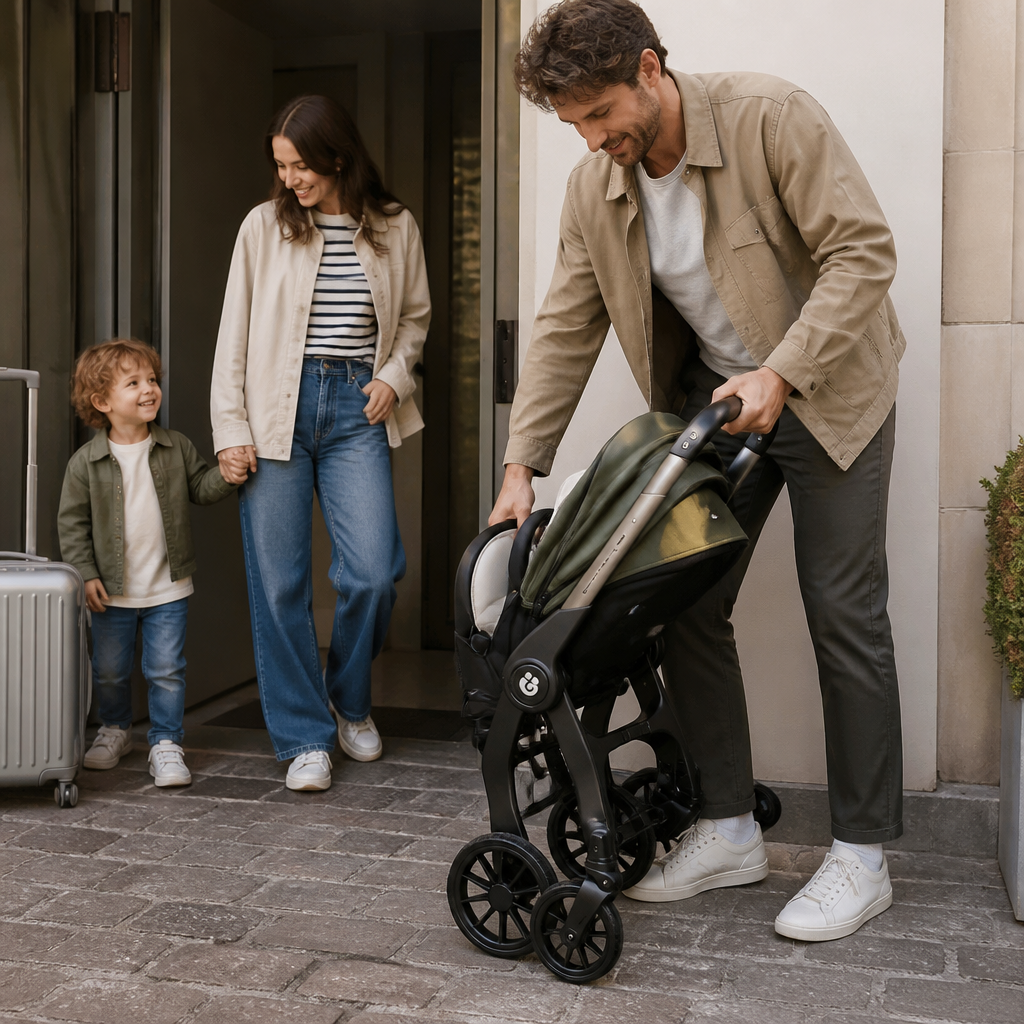 Famille sortant par une porte d'entrée avec une poussette à capote vert olive