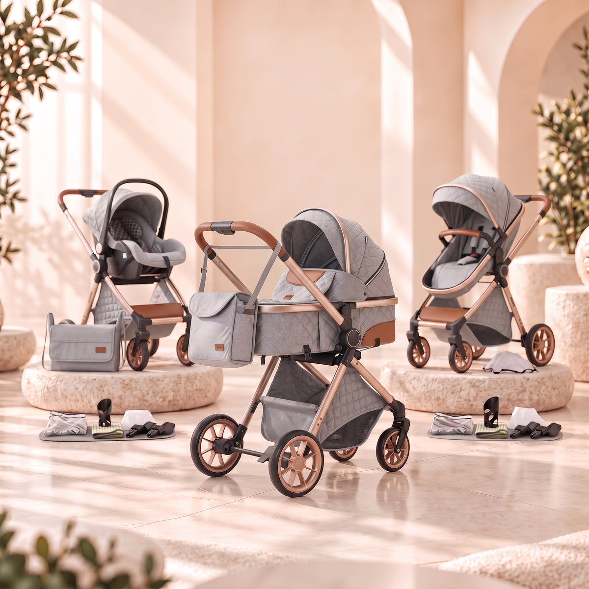 Pack complet de la poussette 3-en-1 Épure Brume gris clair : châssis doré, nacelle, siège évolutif, siège auto cosy, sac à langer et accessoires