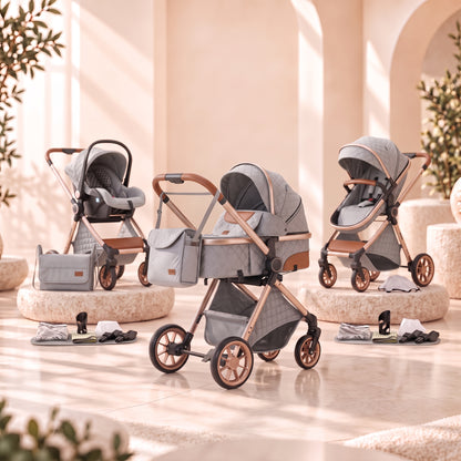 Pack complet de la poussette 3-en-1 Épure Brume gris clair : châssis doré, nacelle, siège évolutif, siège auto cosy, sac à langer et accessoires
