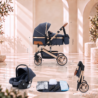 Dimensions de la poussette 3-en-1 Épure : 108 cm de hauteur, 85 cm de longueur, 57 cm une fois pliée, et dimensions du siège auto cosy