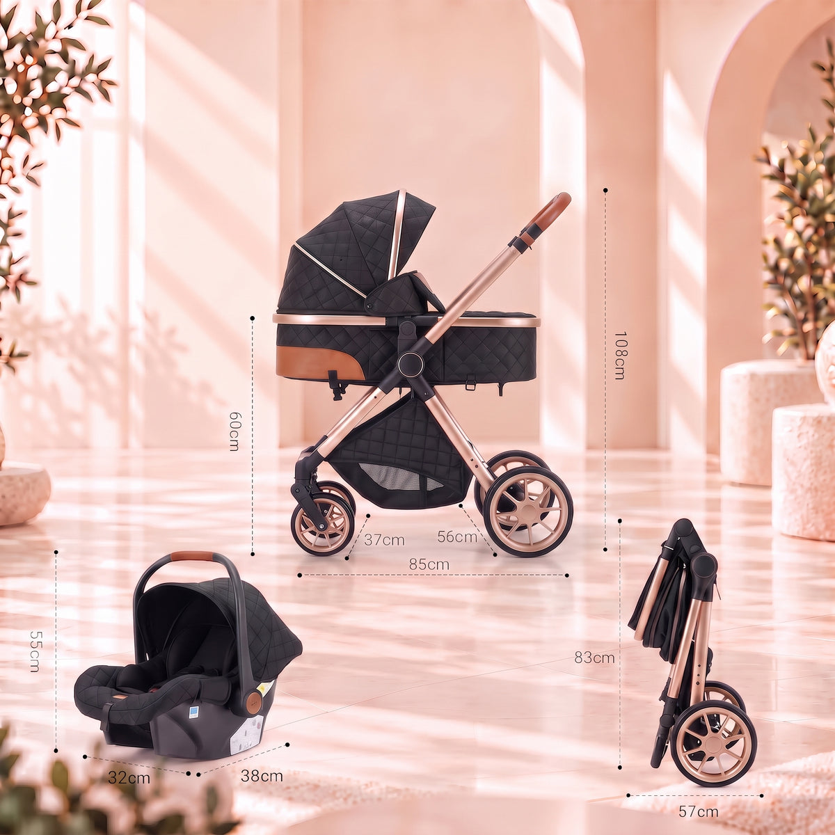 Dimensions de la poussette 3-en-1 Épure Onyx : 108 cm de hauteur, 85 cm de longueur, 57 cm une fois pliée, et dimensions du siège auto cosy