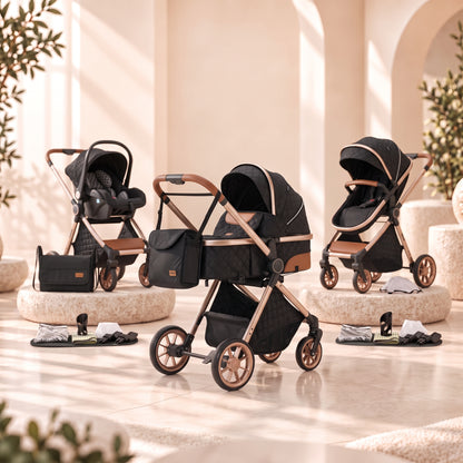 Pack complet de la poussette 3-en-1 Épure Onyx noire matelassée : châssis doré, nacelle, siège évolutif, siège auto cosy, sac à langer et accessoires