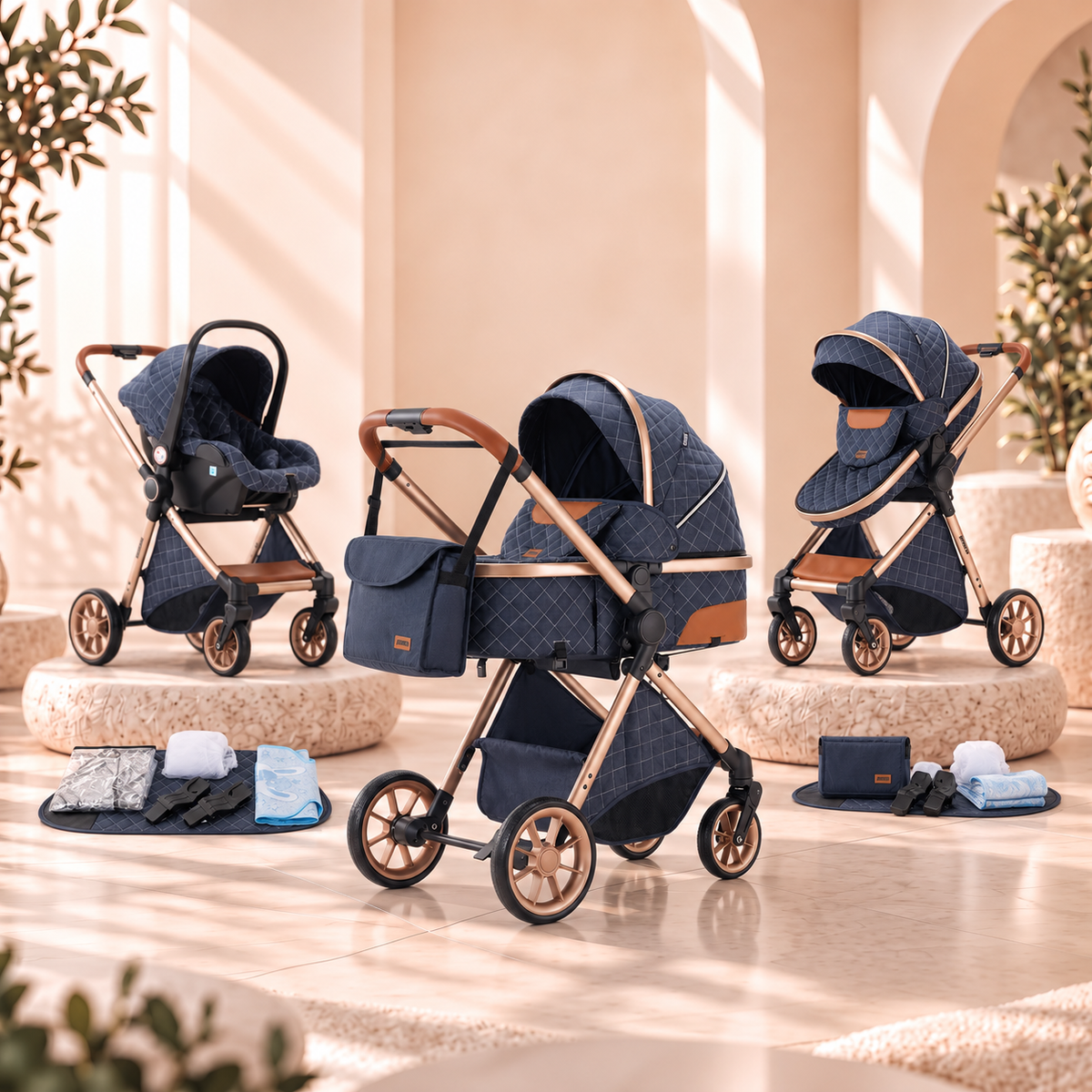 Pack complet de la poussette 3-en-1 Épure bleu marine matelassé : châssis doré, nacelle, siège évolutif, siège auto cosy, sac à langer et accessoires