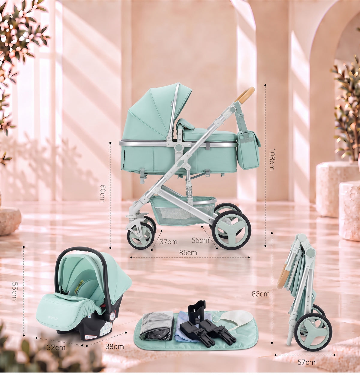 Dimensions de la poussette 3-en-1 Essentielle Amande : 108 cm de hauteur, 85 cm de longueur, 57 cm une fois pliée, et dimensions du siège auto cosy