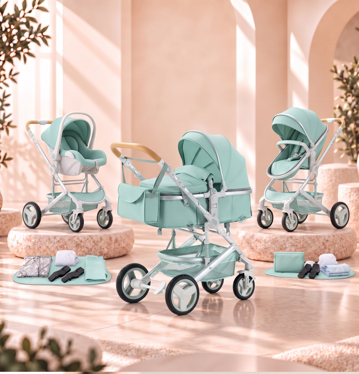 Pack complet de la poussette 3-en-1 Essentielle Amande vert d'eau : châssis, nacelle, siège évolutif, siège auto cosy, sac à langer et accessoires