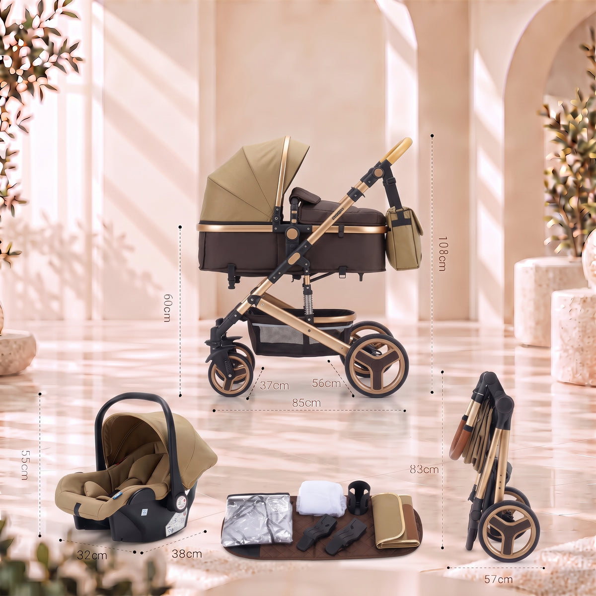 Dimensions de la poussette 3-en-1 Essentielle Anthracite en coloris kaki : 108 cm de hauteur, 85 cm de longueur, 57 cm une fois pliée, et dimensions du siège auto cosy