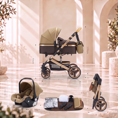 Dimensions de la poussette 3-en-1 Essentielle Anthracite en coloris kaki : 108 cm de hauteur, 85 cm de longueur, 57 cm une fois pliée, et dimensions du siège auto cosy