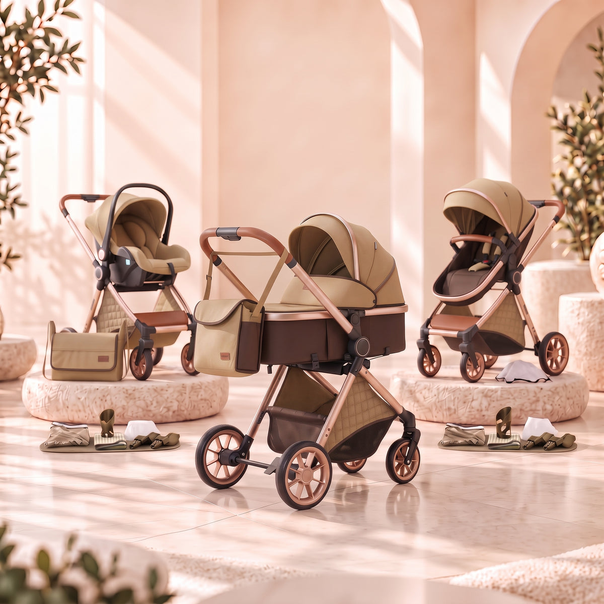 Pack complet de la poussette 3 en 1 Essentielle Anthracite coloris Kaki, capote camel et habillage chocolat, châssis doré