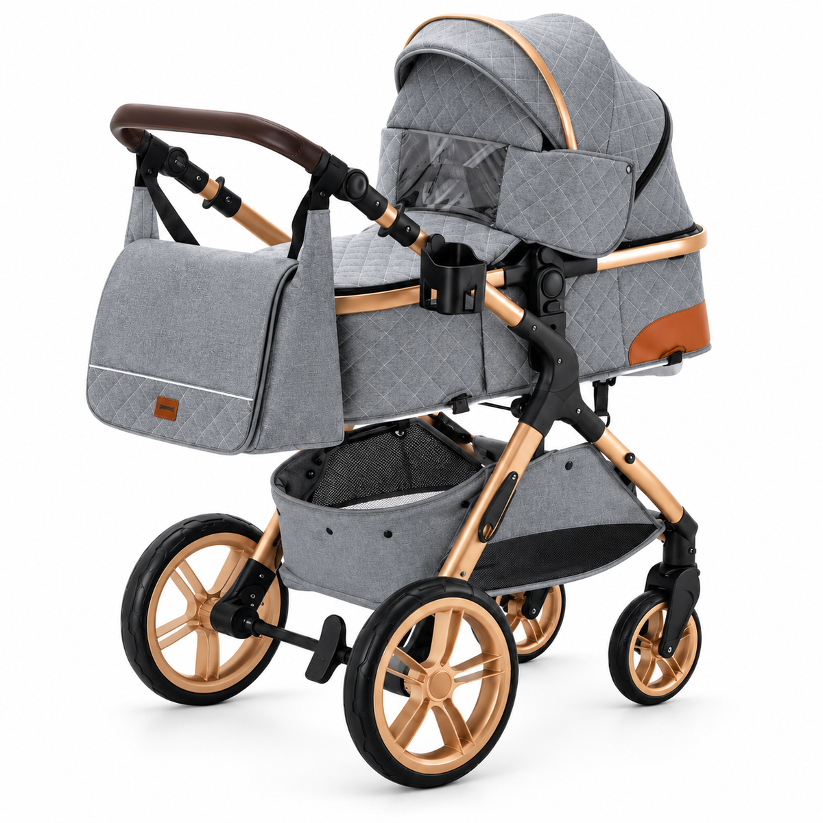 Poussette 3-en-1 Essentielle Azur en coloris gris, nacelle montée sur châssis doré, vue de profil sur fond blanc