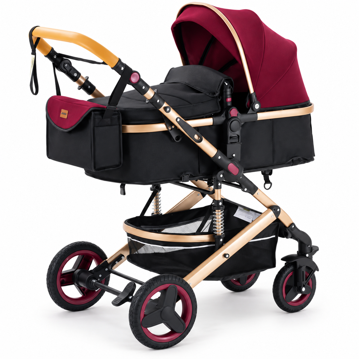 Poussette 3 en 1 Essentielle Corail rouge bordeaux et noir, nacelle montée sur châssis doré, vue de trois quarts