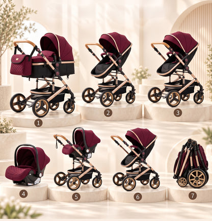 Les sept configurations de la poussette 3 en 1 Essentielle Corail rouge bordeaux : nacelle, assise, cosy et format plié