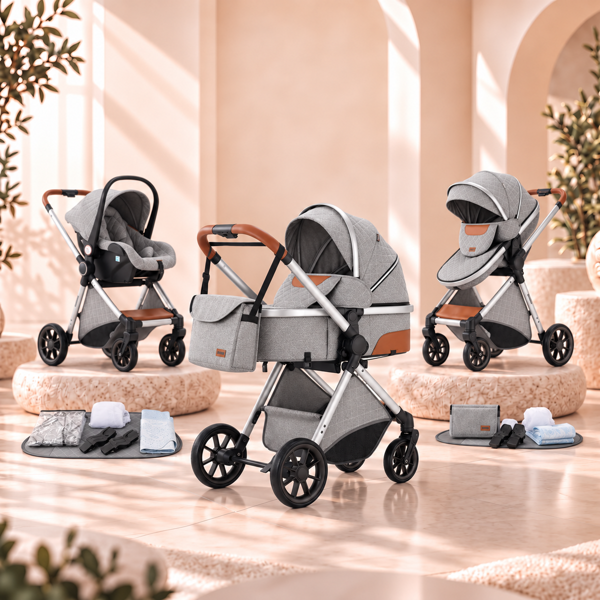 Pack complet de la poussette 3-en-1 Essentielle Granit grise : châssis chromé, nacelle, siège évolutif, siège auto cosy, sac à langer et accessoires