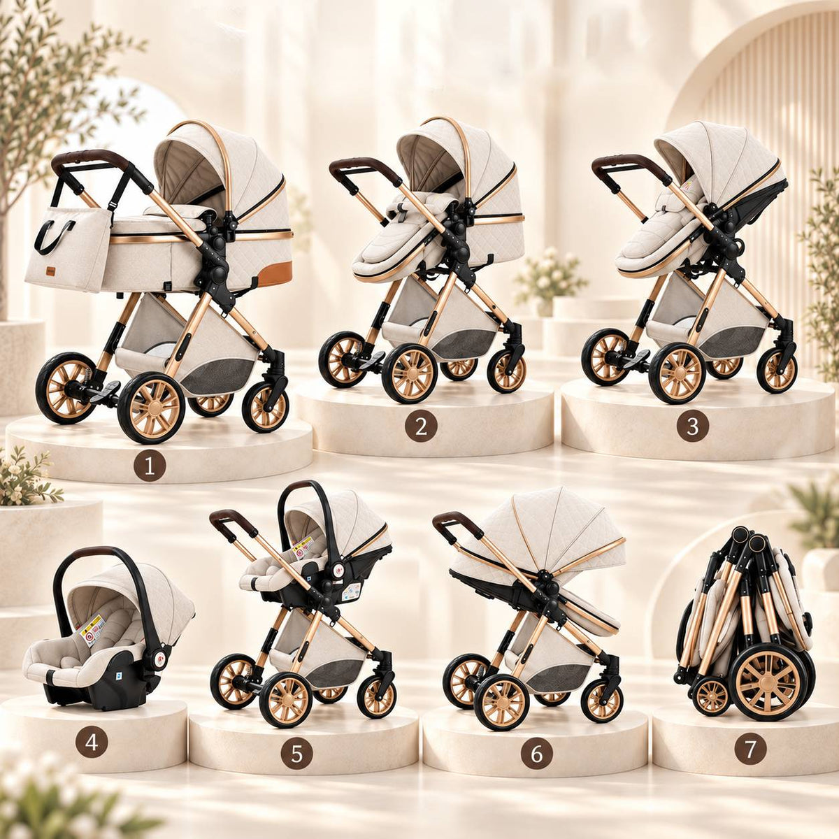 Les sept configurations de la poussette 3-en-1 Essentielle Ivoire, du mode nacelle au format plié