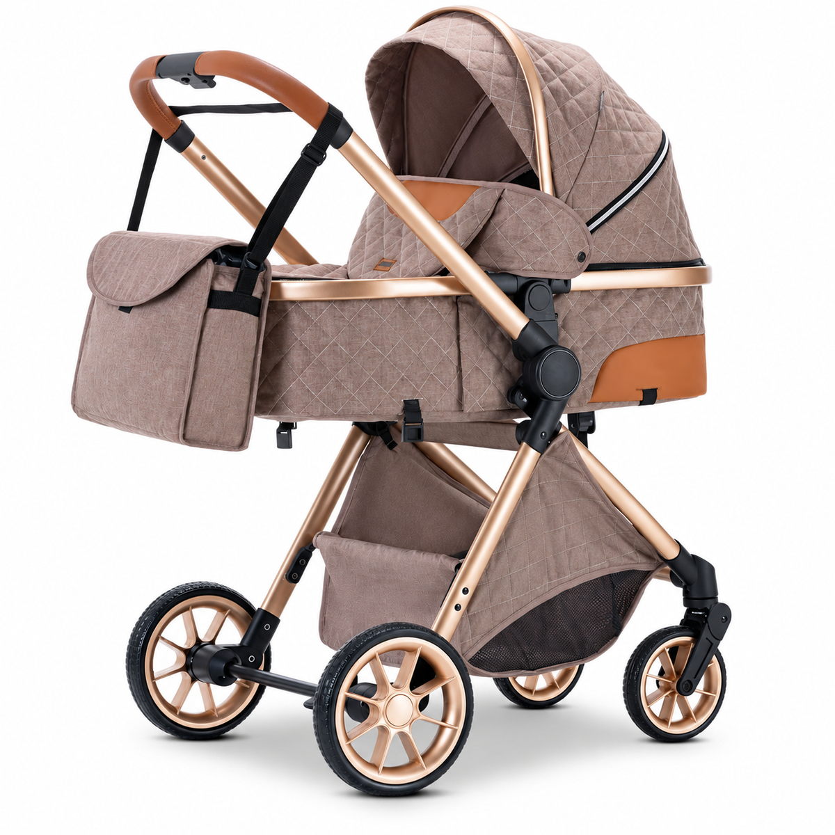 Poussette 3 en 1 Essentielle Ivoire en coloris kaki taupe, nacelle montée sur châssis doré, vue de profil sur fond blanc