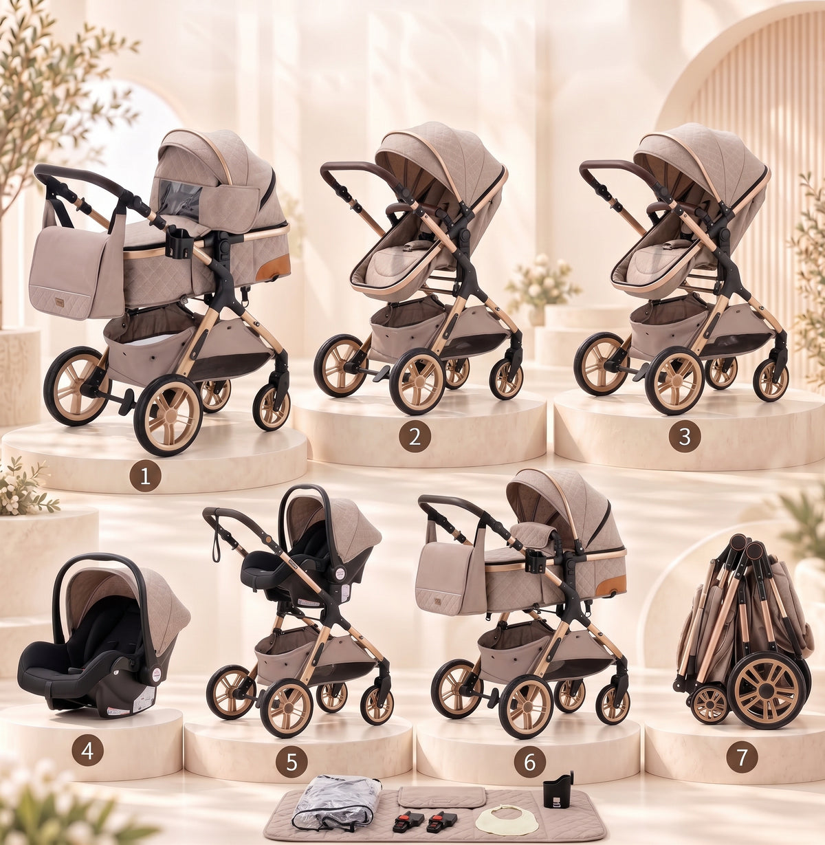 Les sept configurations de la poussette 3-en-1 Essentielle Kaki beige : nacelle, siège évolutif face parent ou face route, siège auto cosy et format plié