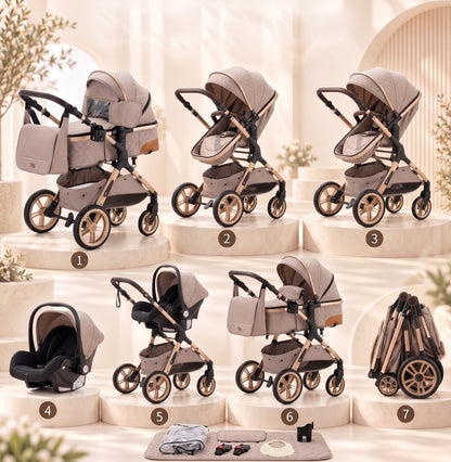 Les sept configurations de la poussette 3-en-1 Essentielle Kaki beige : nacelle, siège évolutif face parent ou face route, siège auto cosy et format plié