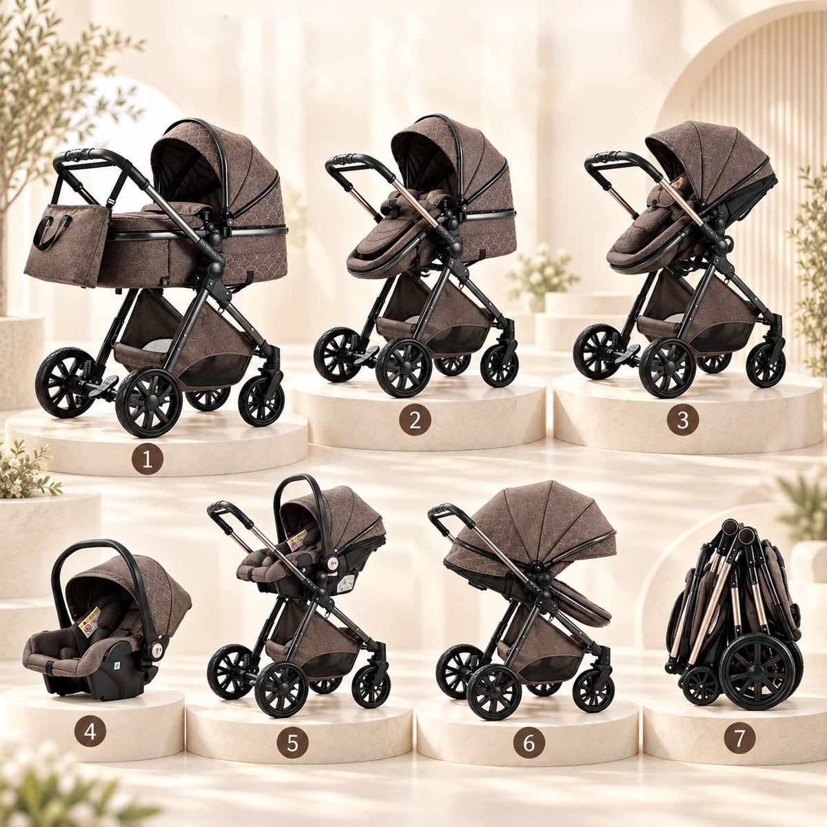 Les sept configurations de la poussette 3-en-1 Essentielle Noisette, du mode nacelle au format plié