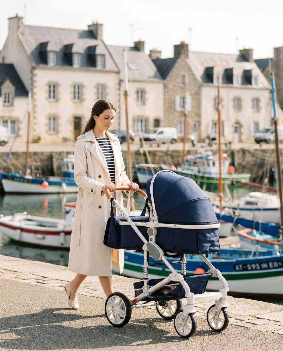 Maman avec la poussette 3 en 1 Héritage bleu marine sur un port breton